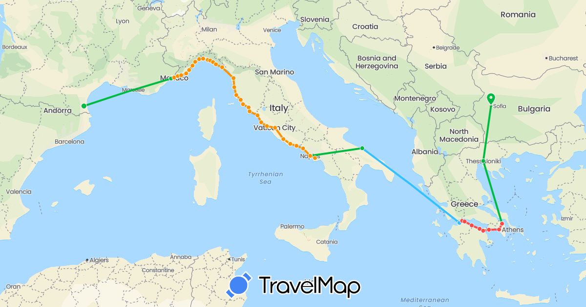 TravelMap itinerary: driving, bus, hiking, boat, hitchhiking in Bulgaria, France, Greece, Italy, Monaco (Europe)